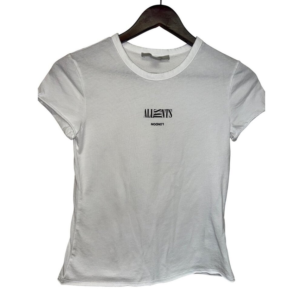 ALLSAINTS Burman Bela Tee Optic White Rolled Hem Logo XS Cotton Graphic